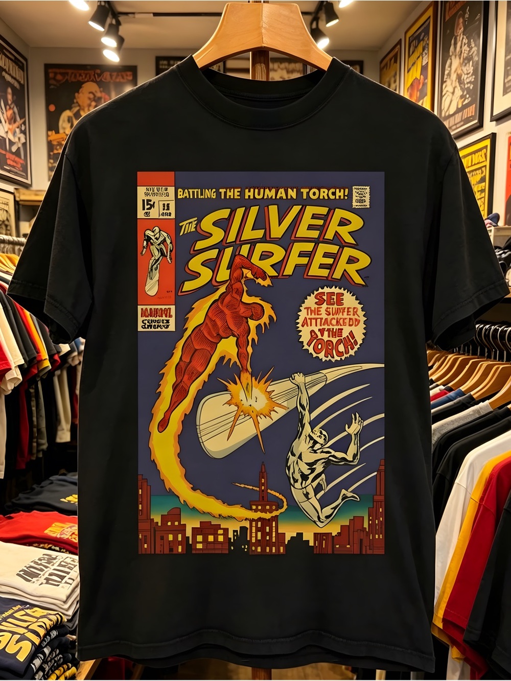 The Silver Surfer Human Torch Graphic Men’s Black T-shirt